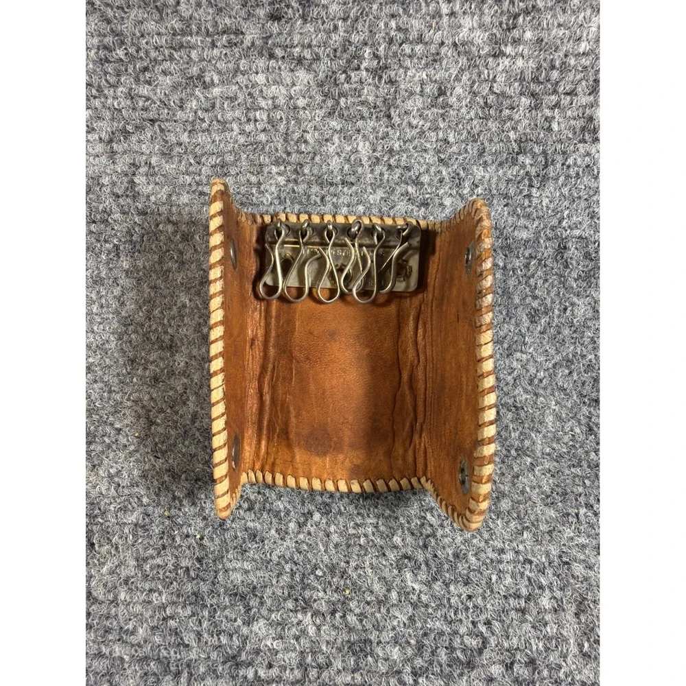 Vintage Hand Tooled Leather Key Case Western Floral Whipstitch Brown UCF Corp